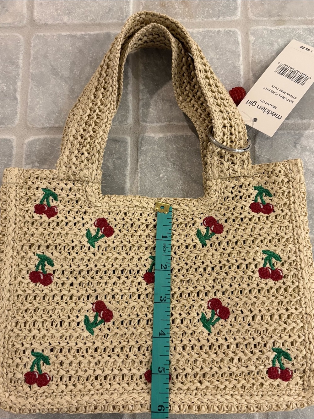 Madden Girl Natural Straw Mini Tote with Red Cherry Embroidery - Picture 4 of 7